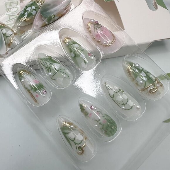 Green Press on Nails Medium Almond Fake Nails with 3D Pearl Rhinestones Designs - Picture 5 of 7